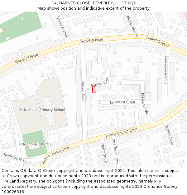 14, BARNES CLOSE, BEVERLEY, HU17 0QX: Location map and indicative extent of plot