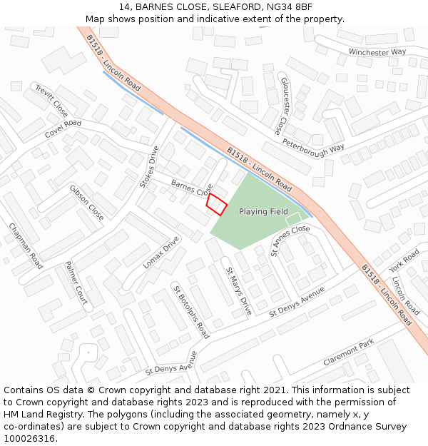 14, BARNES CLOSE, SLEAFORD, NG34 8BF: Location map and indicative extent of plot