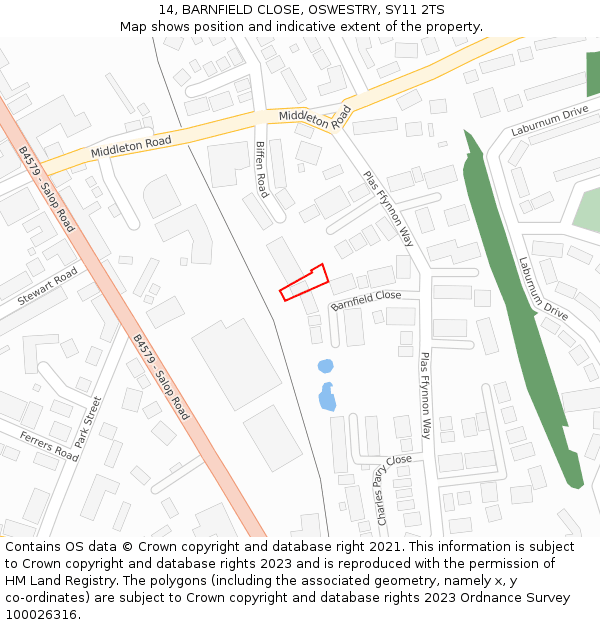 14, BARNFIELD CLOSE, OSWESTRY, SY11 2TS: Location map and indicative extent of plot