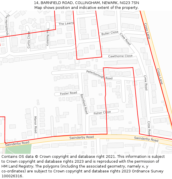 14, BARNFIELD ROAD, COLLINGHAM, NEWARK, NG23 7SN: Location map and indicative extent of plot