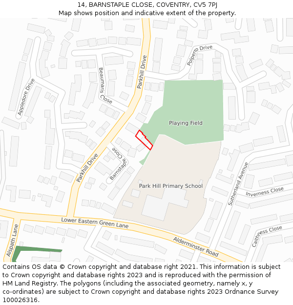 14, BARNSTAPLE CLOSE, COVENTRY, CV5 7PJ: Location map and indicative extent of plot