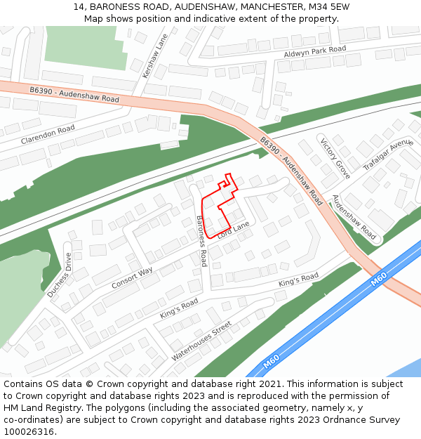 14, BARONESS ROAD, AUDENSHAW, MANCHESTER, M34 5EW: Location map and indicative extent of plot