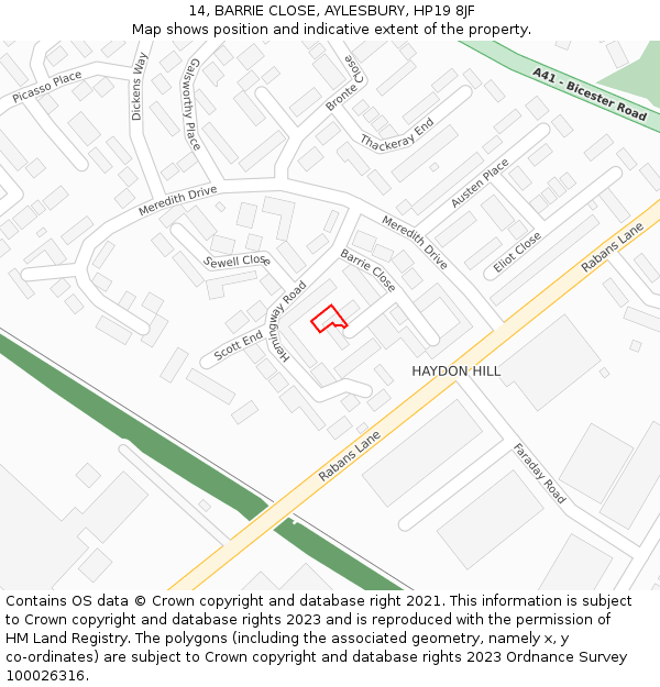 14, BARRIE CLOSE, AYLESBURY, HP19 8JF: Location map and indicative extent of plot