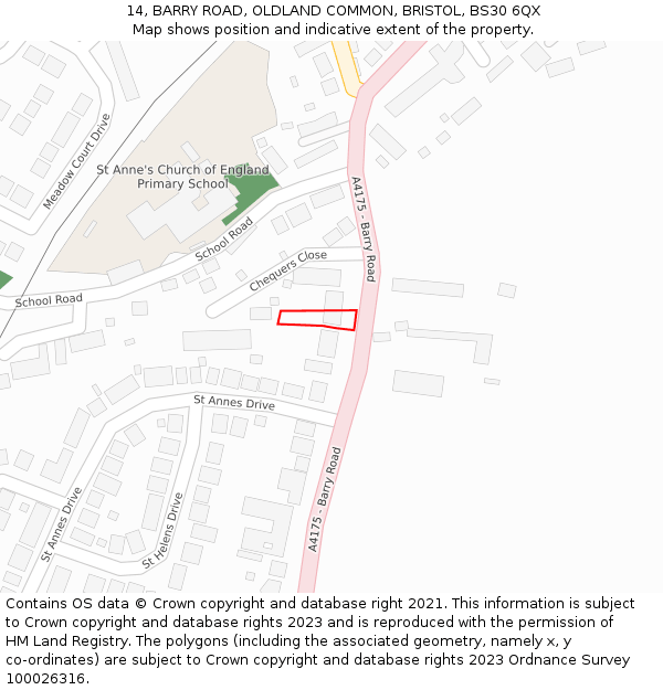 14, BARRY ROAD, OLDLAND COMMON, BRISTOL, BS30 6QX: Location map and indicative extent of plot