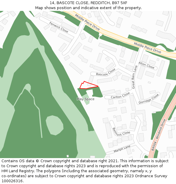 14, BASCOTE CLOSE, REDDITCH, B97 5XF: Location map and indicative extent of plot
