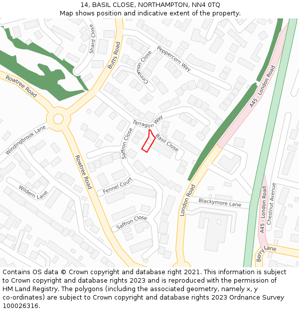 14, BASIL CLOSE, NORTHAMPTON, NN4 0TQ: Location map and indicative extent of plot
