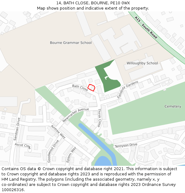 14, BATH CLOSE, BOURNE, PE10 0WX: Location map and indicative extent of plot