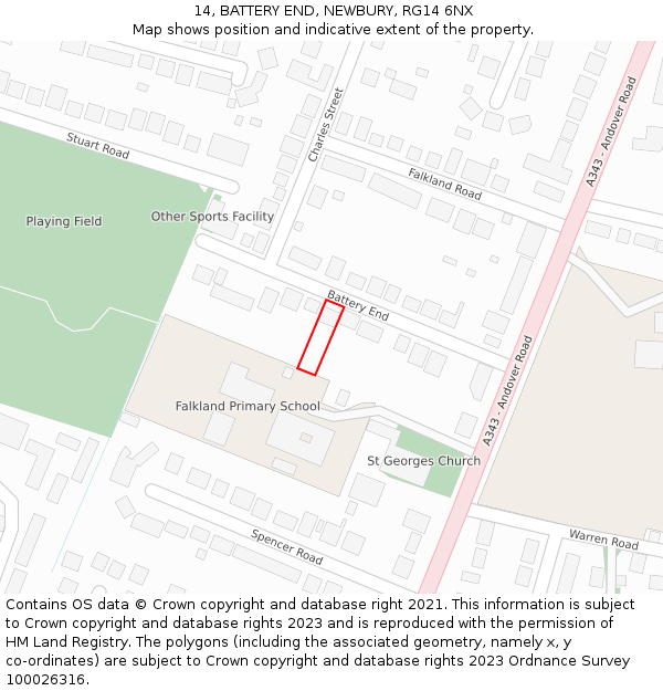 14, BATTERY END, NEWBURY, RG14 6NX: Location map and indicative extent of plot