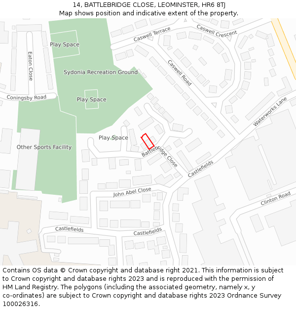 14, BATTLEBRIDGE CLOSE, LEOMINSTER, HR6 8TJ: Location map and indicative extent of plot