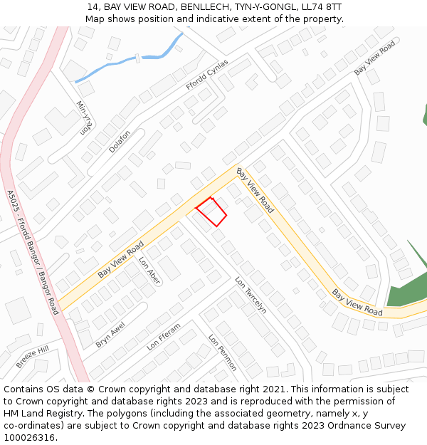 14, BAY VIEW ROAD, BENLLECH, TYN-Y-GONGL, LL74 8TT: Location map and indicative extent of plot