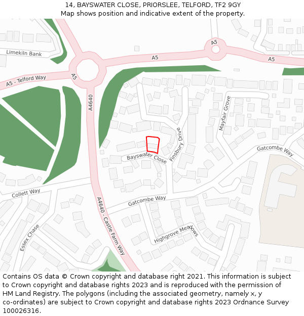 14, BAYSWATER CLOSE, PRIORSLEE, TELFORD, TF2 9GY: Location map and indicative extent of plot