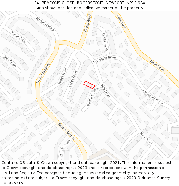 14, BEACONS CLOSE, ROGERSTONE, NEWPORT, NP10 9AX: Location map and indicative extent of plot
