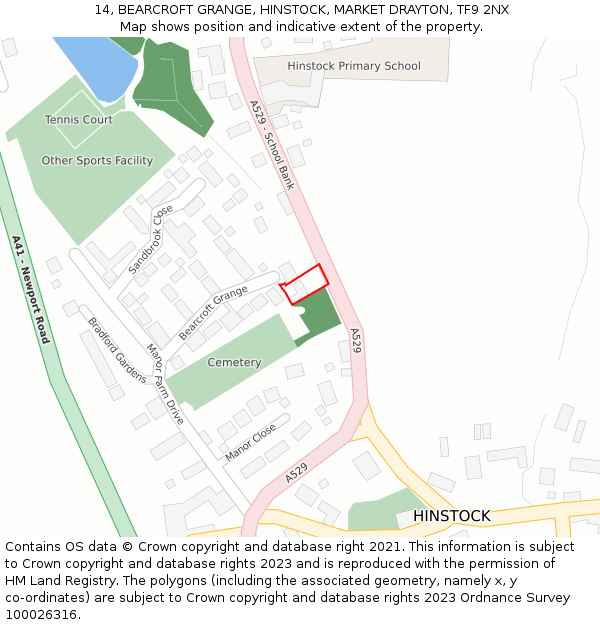 14, BEARCROFT GRANGE, HINSTOCK, MARKET DRAYTON, TF9 2NX: Location map and indicative extent of plot