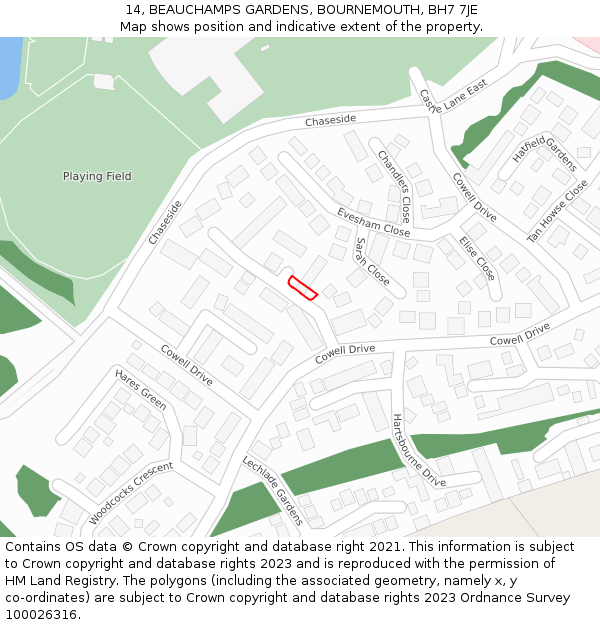 14, BEAUCHAMPS GARDENS, BOURNEMOUTH, BH7 7JE: Location map and indicative extent of plot