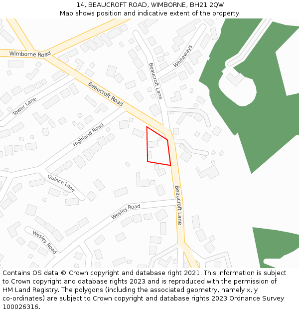 14, BEAUCROFT ROAD, WIMBORNE, BH21 2QW: Location map and indicative extent of plot