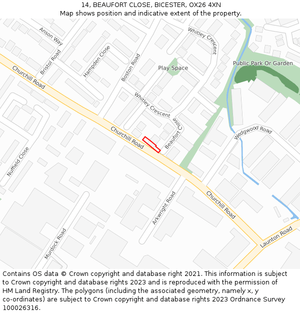 14, BEAUFORT CLOSE, BICESTER, OX26 4XN: Location map and indicative extent of plot