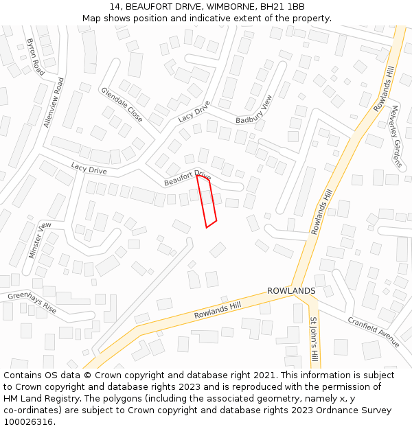 14, BEAUFORT DRIVE, WIMBORNE, BH21 1BB: Location map and indicative extent of plot