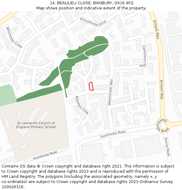 14, BEAULIEU CLOSE, BANBURY, OX16 4FQ: Location map and indicative extent of plot