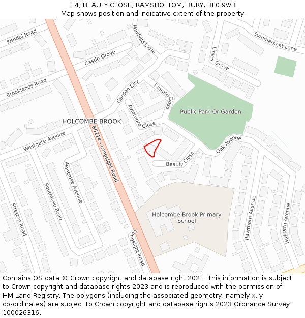 14, BEAULY CLOSE, RAMSBOTTOM, BURY, BL0 9WB: Location map and indicative extent of plot