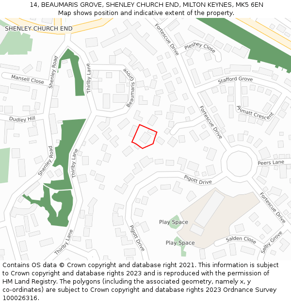 14, BEAUMARIS GROVE, SHENLEY CHURCH END, MILTON KEYNES, MK5 6EN: Location map and indicative extent of plot