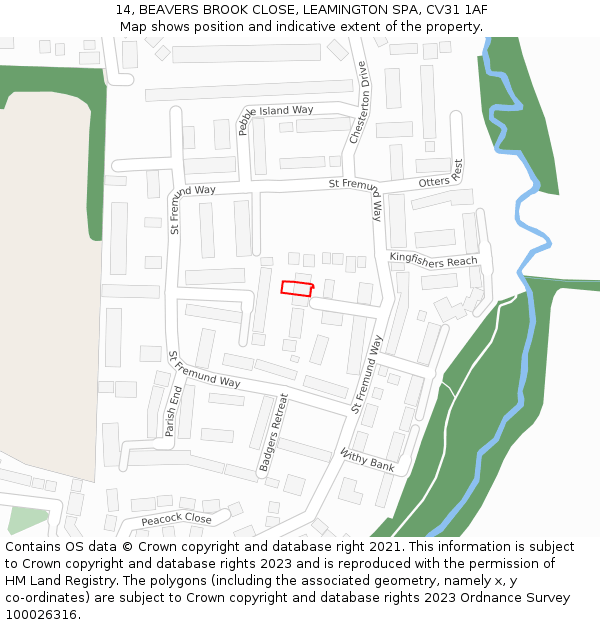 14, BEAVERS BROOK CLOSE, LEAMINGTON SPA, CV31 1AF: Location map and indicative extent of plot