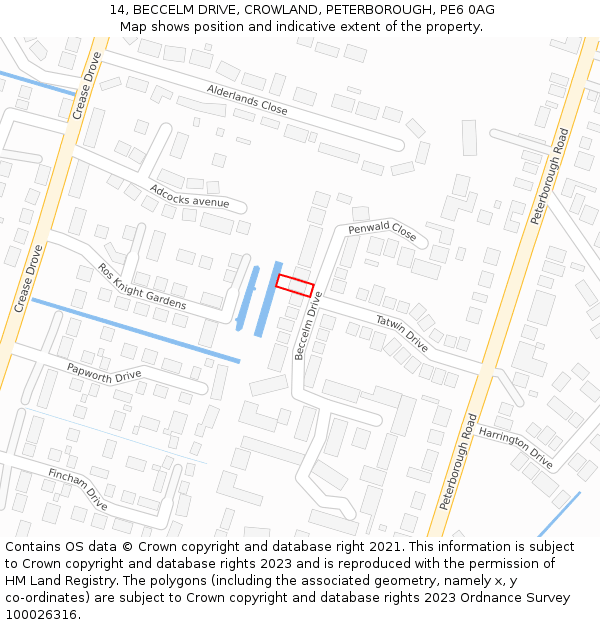 14, BECCELM DRIVE, CROWLAND, PETERBOROUGH, PE6 0AG: Location map and indicative extent of plot