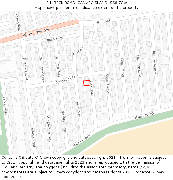 14, BECK ROAD, CANVEY ISLAND, SS8 7QW: Location map and indicative extent of plot