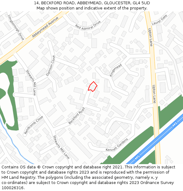 14, BECKFORD ROAD, ABBEYMEAD, GLOUCESTER, GL4 5UD: Location map and indicative extent of plot