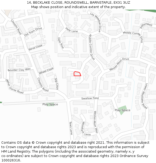 14, BECKLAKE CLOSE, ROUNDSWELL, BARNSTAPLE, EX31 3UZ: Location map and indicative extent of plot