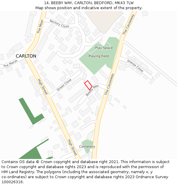 14, BEEBY WAY, CARLTON, BEDFORD, MK43 7LW: Location map and indicative extent of plot