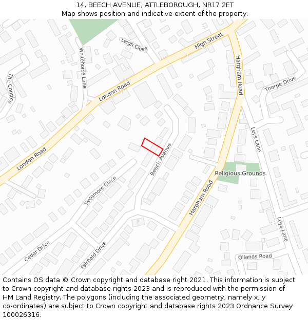 14, BEECH AVENUE, ATTLEBOROUGH, NR17 2ET: Location map and indicative extent of plot