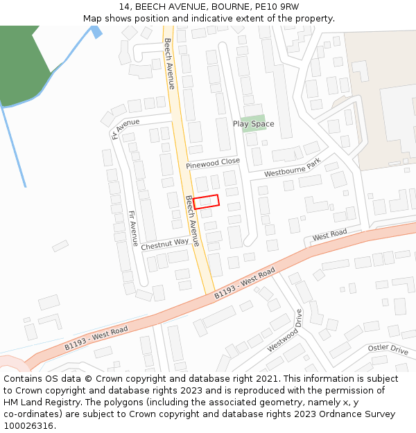 14, BEECH AVENUE, BOURNE, PE10 9RW: Location map and indicative extent of plot