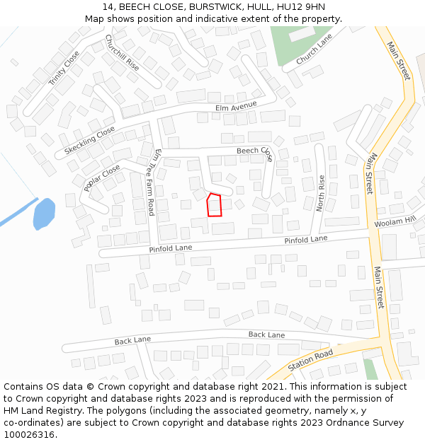 14, BEECH CLOSE, BURSTWICK, HULL, HU12 9HN: Location map and indicative extent of plot