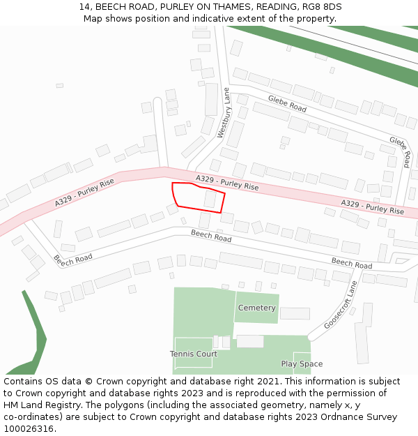 14, BEECH ROAD, PURLEY ON THAMES, READING, RG8 8DS: Location map and indicative extent of plot