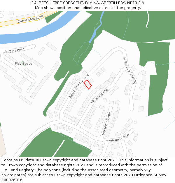 14, BEECH TREE CRESCENT, BLAINA, ABERTILLERY, NP13 3JA: Location map and indicative extent of plot