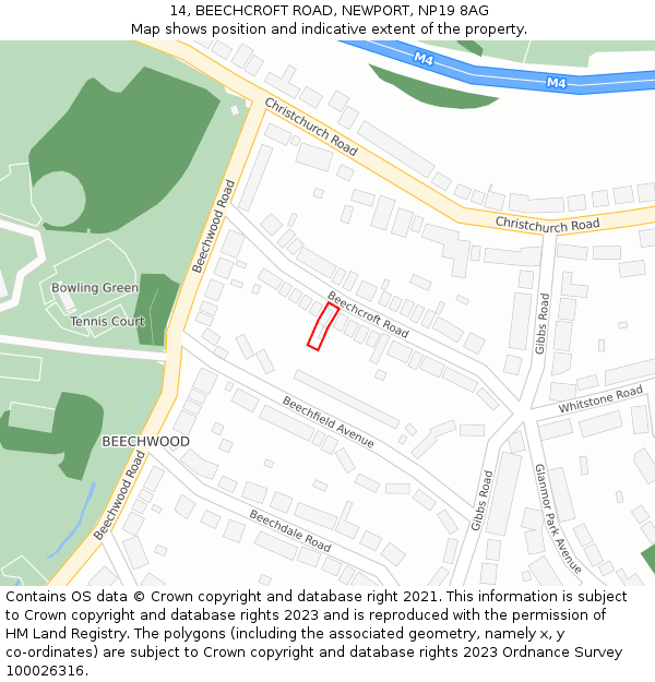 14, BEECHCROFT ROAD, NEWPORT, NP19 8AG: Location map and indicative extent of plot