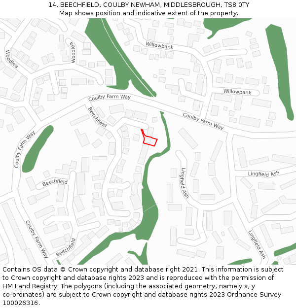 14, BEECHFIELD, COULBY NEWHAM, MIDDLESBROUGH, TS8 0TY: Location map and indicative extent of plot