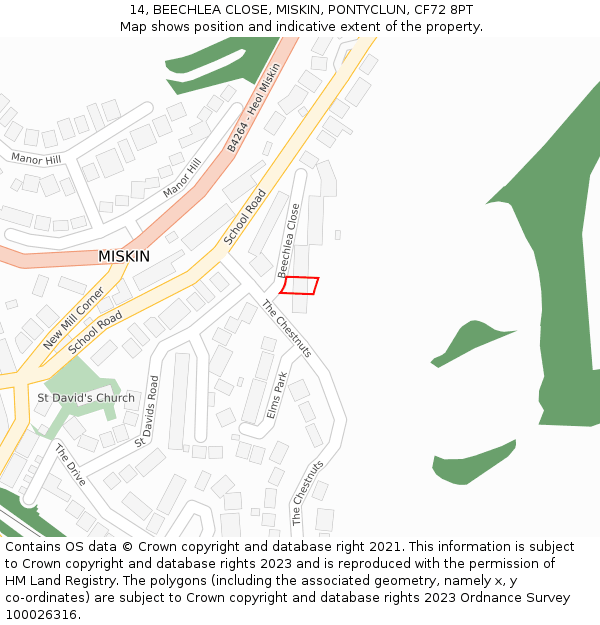 14, BEECHLEA CLOSE, MISKIN, PONTYCLUN, CF72 8PT: Location map and indicative extent of plot