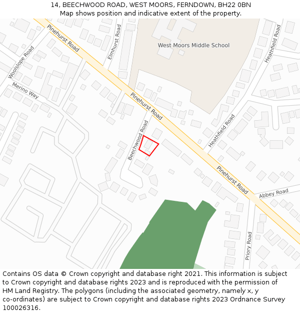 14, BEECHWOOD ROAD, WEST MOORS, FERNDOWN, BH22 0BN: Location map and indicative extent of plot