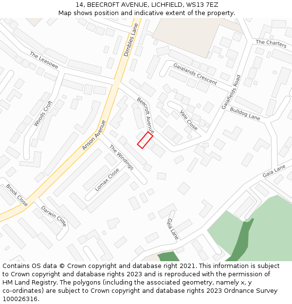14, BEECROFT AVENUE, LICHFIELD, WS13 7EZ: Location map and indicative extent of plot
