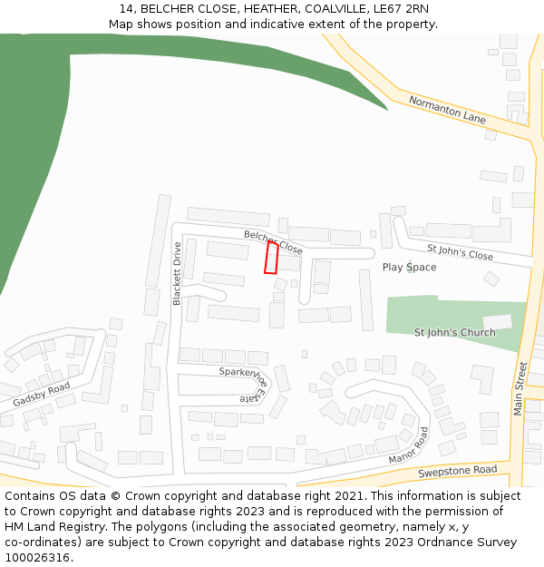 14, BELCHER CLOSE, HEATHER, COALVILLE, LE67 2RN: Location map and indicative extent of plot