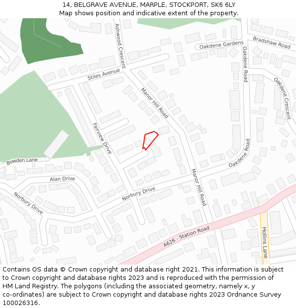 14, BELGRAVE AVENUE, MARPLE, STOCKPORT, SK6 6LY: Location map and indicative extent of plot