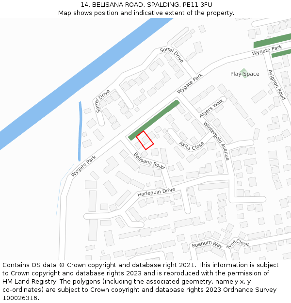 14, BELISANA ROAD, SPALDING, PE11 3FU: Location map and indicative extent of plot