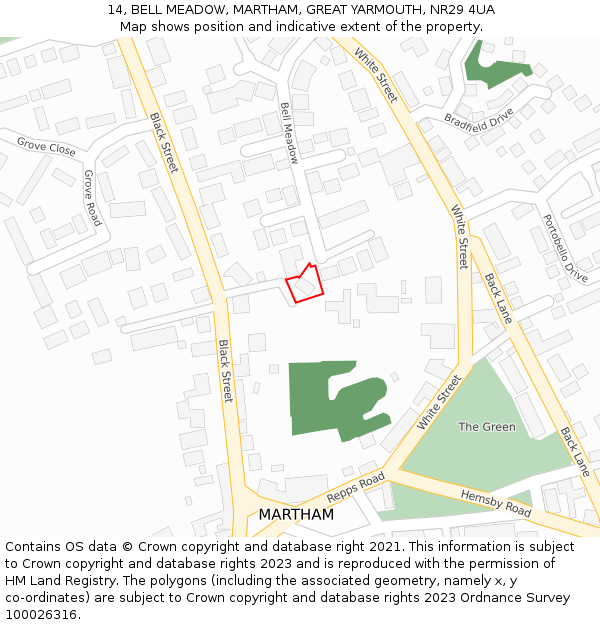 14, BELL MEADOW, MARTHAM, GREAT YARMOUTH, NR29 4UA: Location map and indicative extent of plot