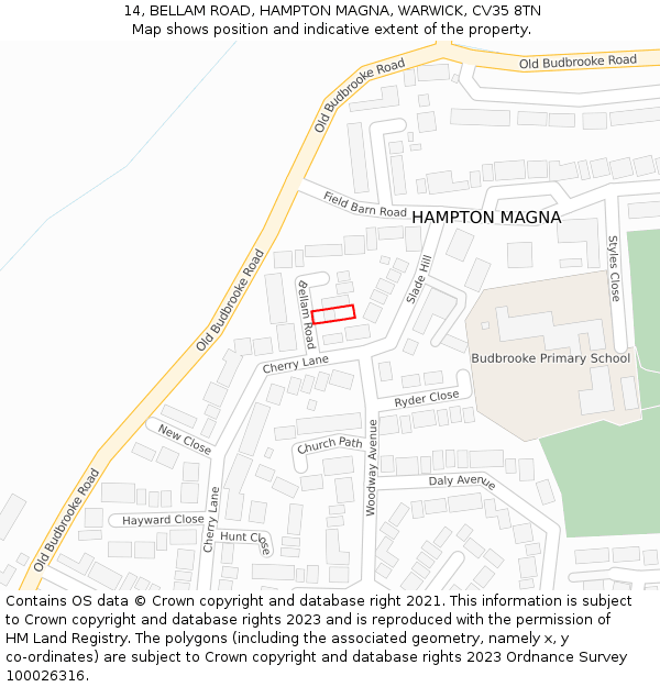 14, BELLAM ROAD, HAMPTON MAGNA, WARWICK, CV35 8TN: Location map and indicative extent of plot