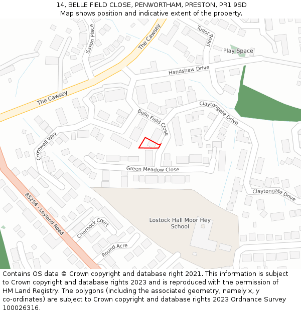 14, BELLE FIELD CLOSE, PENWORTHAM, PRESTON, PR1 9SD: Location map and indicative extent of plot