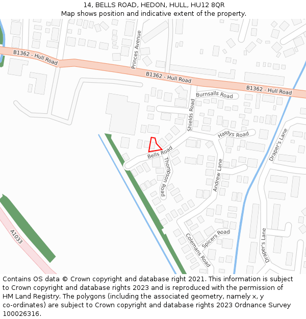 14, BELLS ROAD, HEDON, HULL, HU12 8QR: Location map and indicative extent of plot