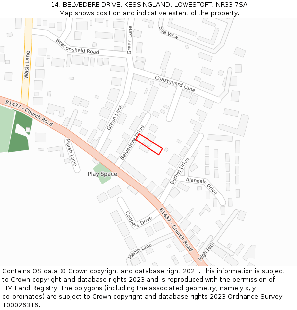 14, BELVEDERE DRIVE, KESSINGLAND, LOWESTOFT, NR33 7SA: Location map and indicative extent of plot