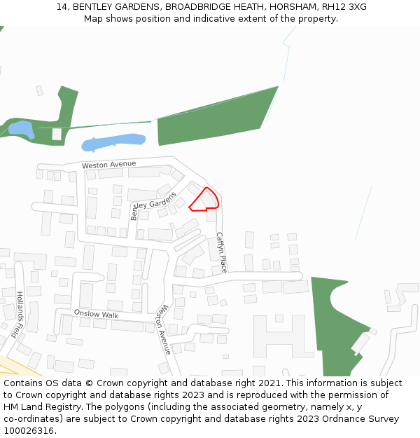 14, BENTLEY GARDENS, BROADBRIDGE HEATH, HORSHAM, RH12 3XG: Location map and indicative extent of plot