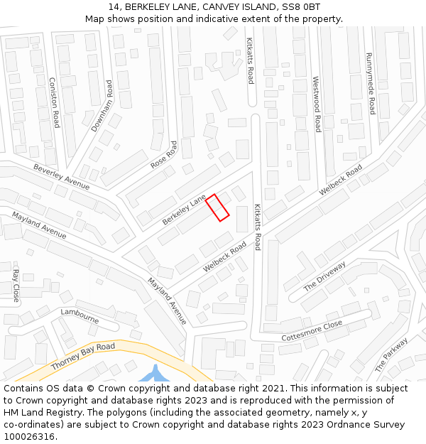 14, BERKELEY LANE, CANVEY ISLAND, SS8 0BT: Location map and indicative extent of plot